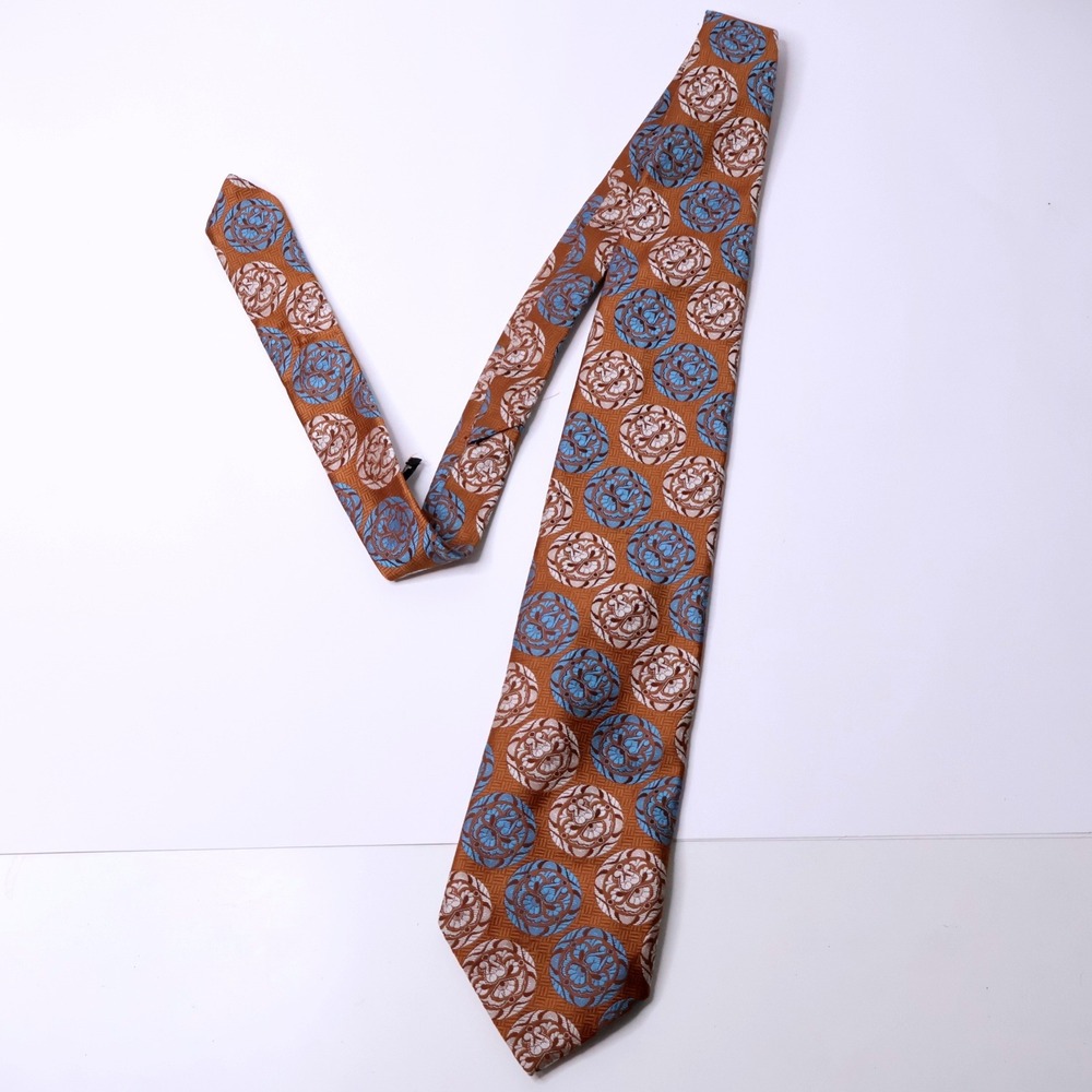 Gino Pompeii Vintage Brown Blue Floral Medallion Tie Italy Wide Retro Groovy VTG